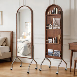 Arched Full Length Mirror with Storage Shelves & Wheels, Rubber Wood Frame Floor Mirror, Freestanding Rolling
