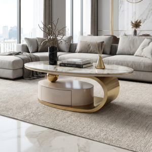 51.18" Luxury Oval Coffee Table with Drawer, Print Glass Top, Brushed Gold 201# Stainless Steel Frame, Modern
