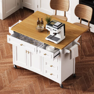 K&K 52'' Kitchen Island with Drop Leaf, Embossed Texture Kitchen Island on Wheels with Spice Rack, Towel Rack