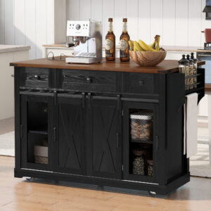 K&K 58" Farmhouse Kitchen Island with Storage, Sliding Barn Door & Metal Grid Side Door, Rolling Kitchen Islan
