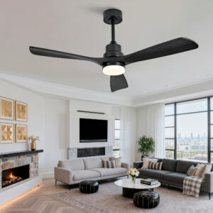 Hot Sales 52 Inch Modern Black Ceiling Fan With Light 3 Solid Wood Blades Remote Control Reversible DC Motor With Dimmable LED