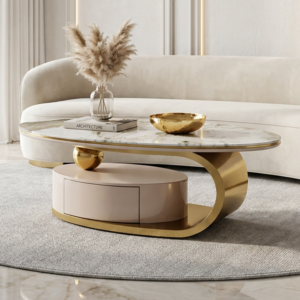 51.18" Luxury Oval Coffee Table with Drawer, Print Glass Top, Brushed Gold 201# Stainless Steel Frame, Modern