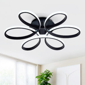 23 inch Modern LED Ceiling Light, 6 Rings Flower Flush Mount Light Fixture with Remote Control Black Dimmable