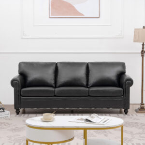 Black PU 3-Seater Sofa with Rolled Arms