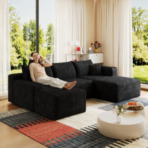 95" Cloud Sectional Sofa with 1 Ottoman,Modern Minimalist Upholstered Couches, Comfort U Shaped Sofa for Livin