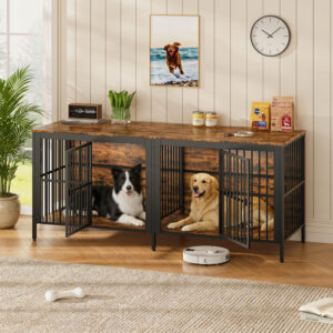 80" Dog Crate End Table, Heavy Duty 2-Door Indoor Pet Kennel, Multipurpose Dog House Furniture as TV Stand or