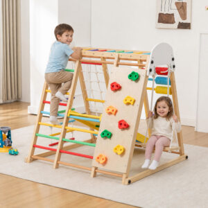 9-in-1 Foldable Kids Climbing Frame & Slide, Wooden Toddler Playground with Swing, Monkey Bars, Climbing Rock