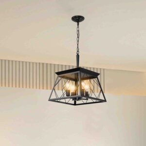 16" Black Industrial 4-Light Pendant Chandelier, Modern Metal Cage Design, Adjustable Hanging Light for Dining