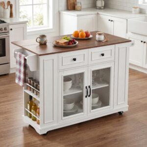 54" Mobile Kitchen Island with Glass Door Storage, Power Outlet & Open Shelves, Rolling Kitchen Cart with Towe