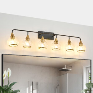 48" Modern 6-Light Vanity Wall Sconce - Black and Gold Bathroom Light Fixture with Clear Glass Shades, Industr