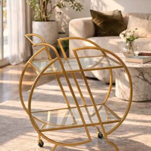 Gold Bar Carts for The Home Bar Serving Cart, Rolling Bar Cart Gold with Lockable Caster Wheels, Glass Bar Car