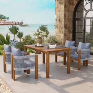 U_STYLE Luxury 5-Piece Outdoor Patio Dining Set for 4, Solid Acacia Wood Dinning Set with Rope Woven Chairs,Fa