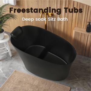 51" Solid Surface Oval Freestanding Black Bathtub with Overflow and Drain Assembly, with Integral Seat and hea