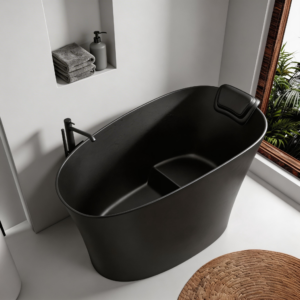 51" Solid Surface Oval Freestanding Black Bathtub with Overflow and Drain Assembly, with Integral Seat and hea