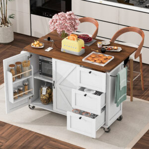 K&K 54.5" Farmhouse Kitchen Island with Power Outlet, Kitchen Storage Island with Internal Storage Rack, Drop