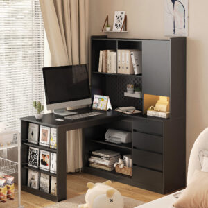 L Shaped Desk with Charger,Computer Desk with Drawers,Bookshelf, with LED Light,Modern Corner Desk,Home Office