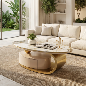 51.18" Luxury Oval Coffee Table with Drawer, Print Glass Top, Brushed Gold 201# Stainless Steel Frame, Modern
