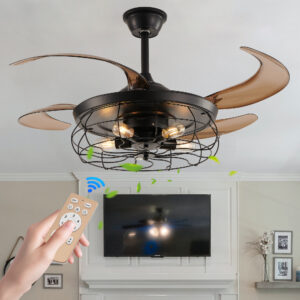 48" Black Remote Control Ceiling Fan Light – Industrial 4-Blade Fan with Cage Design and Adjustable Speed for