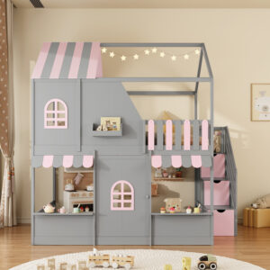 Full Over Full House Bunk Bed with Storage Staircase & Shelves, Wooden Kids Bunk Bed Frame with Playhouse Desi