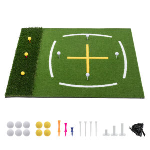 5'x4' Golf Hitting Mat with Cross Stance Guide, Indoor Outdoor Golf Practice Mat with 7 Tee Positions, Heavy Duty Swing Turf for Backyard Garage Training – Includes Balls, Tees & Strap