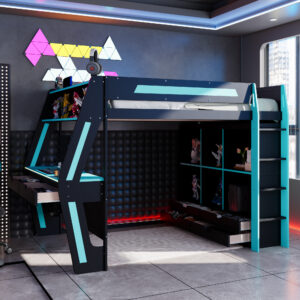 Full Size Gaming Loft Bed with Integrated Desk, Smart RGB LED Lights and USB Ports, Wooden High Bed with 6 Sto