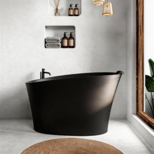 51" Solid Surface Oval Freestanding Black Bathtub with Overflow and Drain Assembly, with Integral Seat and hea