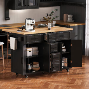 K&K 56.5'' Kitchen Island with Drop Leaf, Power Outlet, Embossed Vertical Stripe Rolling Kitchen Cart on Wheel