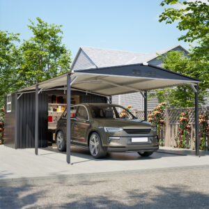 12'x23' Metal Carport Storage Shed, Heavy Duty Steel Garage with Sliding Door, UV Panel & Waterproof Sloped Ro