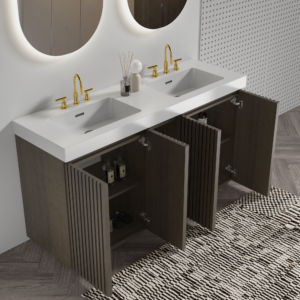 GALAN 60F" Smoked Oak Bathroom Vanity with Sink with three faucet holes, Large Storage Freestanding Bathroom Vanity for Modern Bathroom, One-Piece White Basin without Drain and Faucet, KD