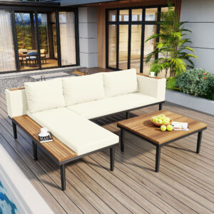 Luxury Patio Furniture Set with Removable Cushions and Coffee Table, L-Shaped Acacia Wood Sofa with Side table