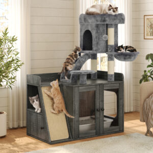 Litter Box Enclosure with Cat Tree, Hidden Litter Box with LED Light, Sisal Scratching Board and Storage Space