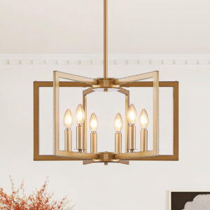 22" Modern Golden Geometric 6-Light Chandelier – Industrial Metal Pendant Light Fixture for Living Room, Dinin