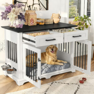 44.48" Large Dog Crate Furniture, Indoor Wooden Dog Kennel End Table with 2 Storage Drawers and Rotating Bowls