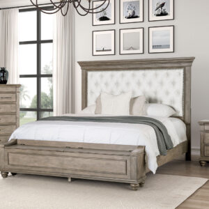Formal Bedroom Furniture 3pc Set King Size Bed Nightstand Chest Aged Oak FB Bench w Storage Beige Padded Fabri