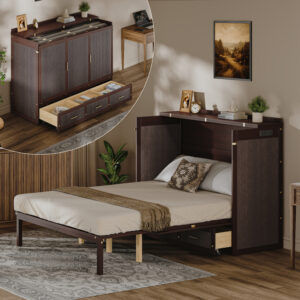 Multifunctional Murphy Bed Cabinet with USB Charging Station, Queen Size Vertical Foldaway Bed with Drawers, S