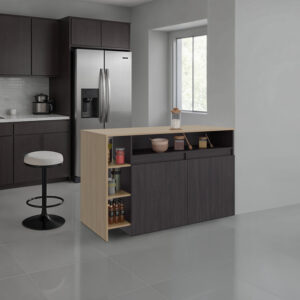 Bari Modern Kitchen Island and Counter Dining Table, Compact Structure with 4 Open Display Shelves, 2-Door Cab