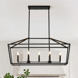 7-Light Farmhouse Kitchen Island Lighting,5 Light Industrial Linear Chandelier for Dining Room Metal Matte Bla