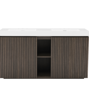 GALAN 60F" Smoked Oak Bathroom Vanity with Sink with three faucet holes, Large Storage Freestanding Bathroom Vanity for Modern Bathroom, One-Piece White Basin without Drain and Faucet, KD