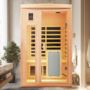 Low EMF, There is also a heating plate on the glass door, Hemlock wood Far-infrared indoor Two person sauna ro