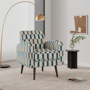 Darien Accent Arm Chair in Yellow, Olive and Navy Stripe Pattern with Dark Brown Solid Wood Legs