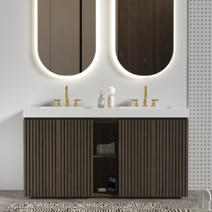 GALAN 60F" Smoked Oak Bathroom Vanity with Sink with three faucet holes, Large Storage Freestanding Bathroom Vanity for Modern Bathroom, One-Piece White Basin without Drain and Faucet, KD