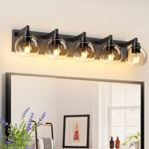 Bathroom Light Fixtures Over Mirror 5-Lights Bathroom Vanity Light with Clear Globe Glass Shade Modern Black V