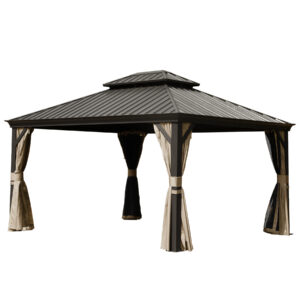 10' X 14' Hardtop Gazebo Permanent Outdoor Gazebo with Galvanized Steel Double Roof, Aluminum Frame, Curtains