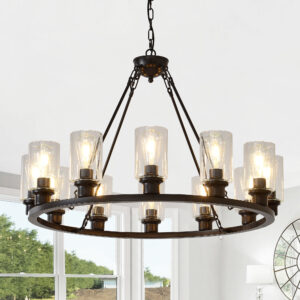 Black Wagon Wheel Chandelier 34.25Inch Modern Farmhouse Glass Pendant Light 12-Light Ceiling Hanging Lighting